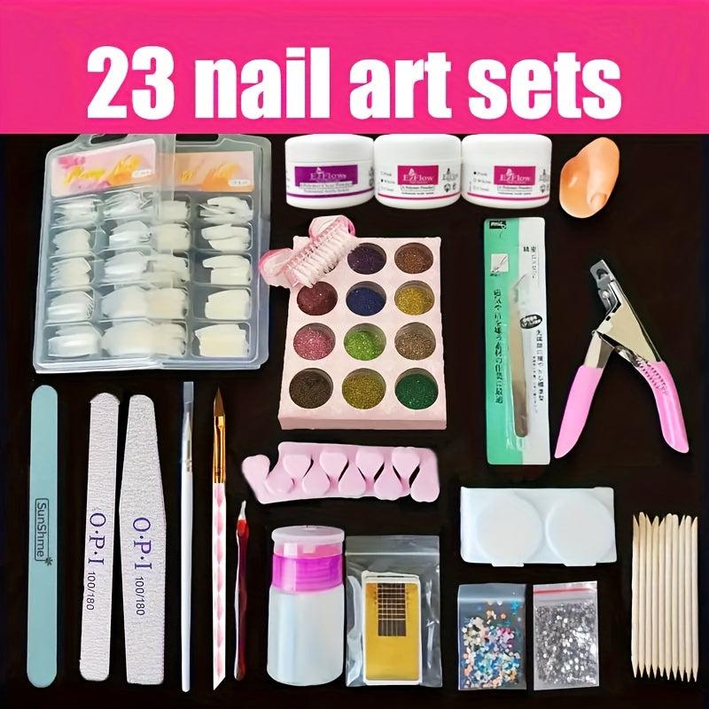 23 in 1 Acrylic Nail Kit for Beginners Glitter & Clear Nails Extension Set