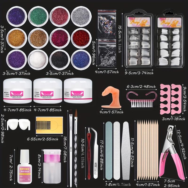 Professional Acrylic Nail Art Kit 12 Glitter Acrylic Powder Clear Pink Nails