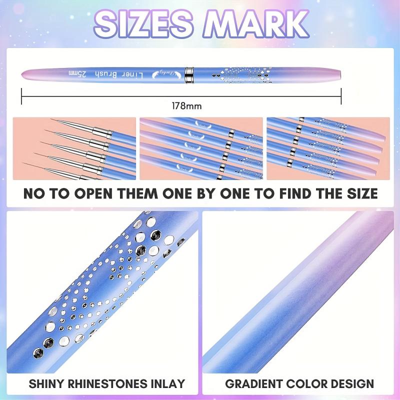 5Pcs Liner Nail Art Brushes Neon Handles Mix Size Liner Nail Brushes Kit