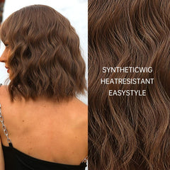 Curly Wavy Brown Bob Wig with Bangs Synthetic Medium Length Hair