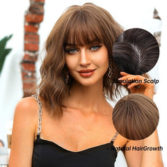 Curly Wavy Brown Bob Wig with Bangs Synthetic Medium Length Hair