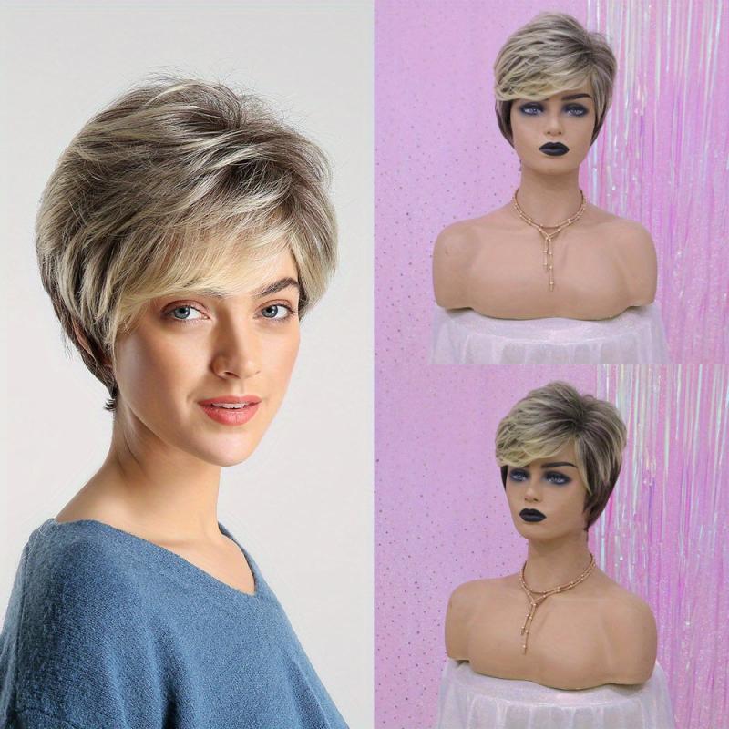 Short Brown Pixie Cut Hair Wig Straight Layered Hair Wigs With Bangs Synthetic