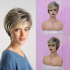 Short Brown Pixie Cut Hair Wig Straight Layered Hair Wigs With Bangs Synthetic
