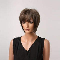 Short Brown Pixie Cut Hair Wig Straight Layered Hair Wigs With Bangs Synthetic