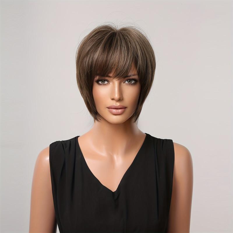 Short Brown Pixie Cut Hair Wig Straight Layered Hair Wigs With Bangs Synthetic