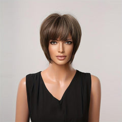 Short Brown Pixie Cut Hair Wig Straight Layered Hair Wigs With Bangs Synthetic
