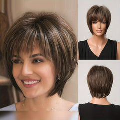 Short Brown Pixie Cut Hair Wig Straight Layered Hair Wigs With Bangs Synthetic