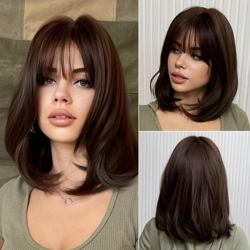 Short Brown Bob Wig with Bangs