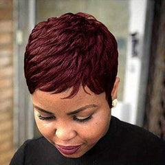 Burgundy Short Pixie Cut Human Hair Wig Glueless Straight Wig for Women