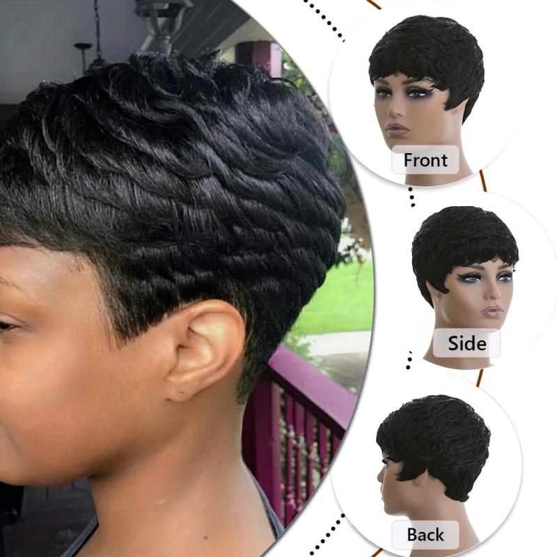 Burgundy Short Pixie Cut Human Hair Wig Glueless Straight Wig for Women