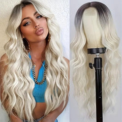 Long Wavy Curly Wig Middle Part Natural Looking Synthetic Heat Resistant