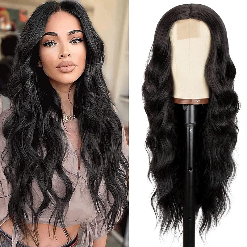 Long Wavy Curly Wig Middle Part Natural Looking Synthetic Heat Resistant