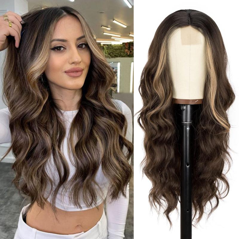 Long Wavy Curly Wig Middle Part Natural Looking Synthetic Heat Resistant