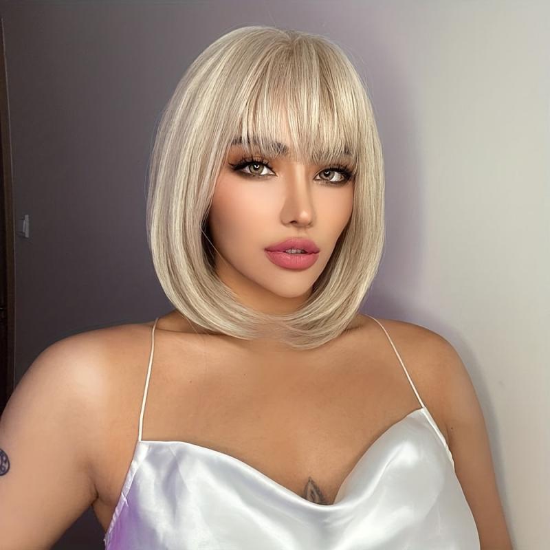 Short Straight Bob Wigs With Bangs Natural Synthetic Fiber Hair Replacement Wigs