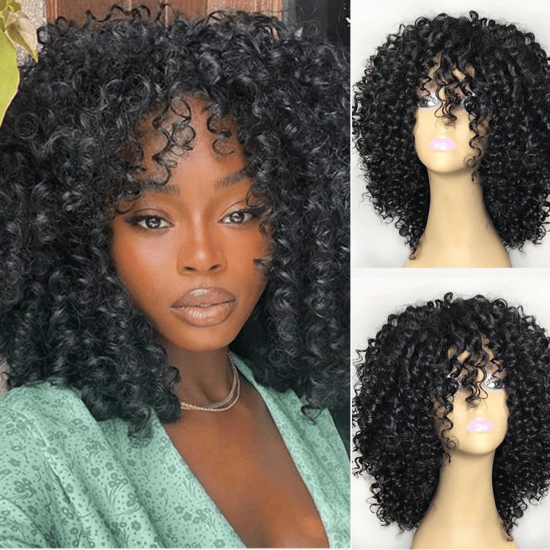 Short Kinky Curly Wig With Bangs For Women