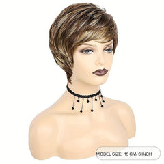 10 16 Cm Brown Mixed Blonde Wavy Hair Wigs Short Pixie Cut Synthetic Fiber