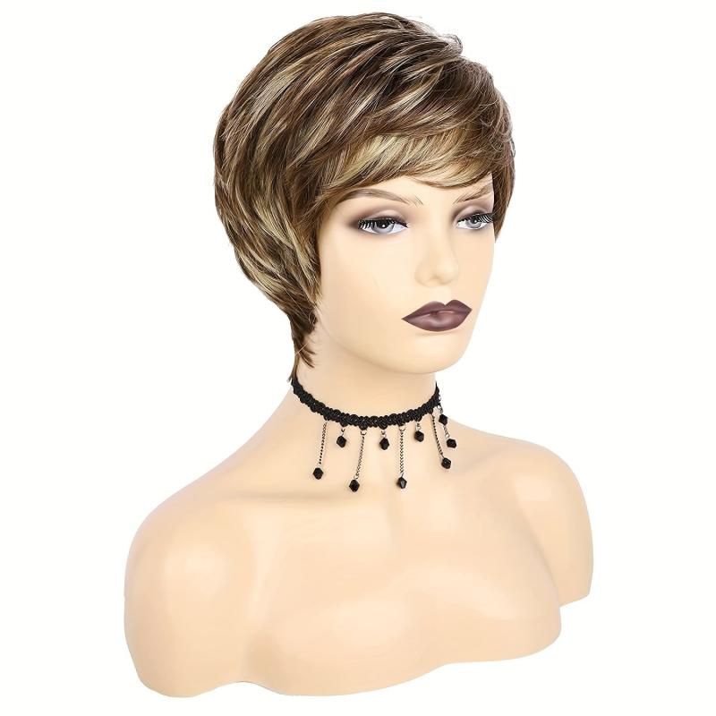 10 16 Cm Brown Mixed Blonde Wavy Hair Wigs Short Pixie Cut Synthetic Fiber