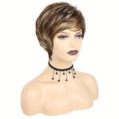 10 16 Cm Brown Mixed Blonde Wavy Hair Wigs Short Pixie Cut Synthetic Fiber