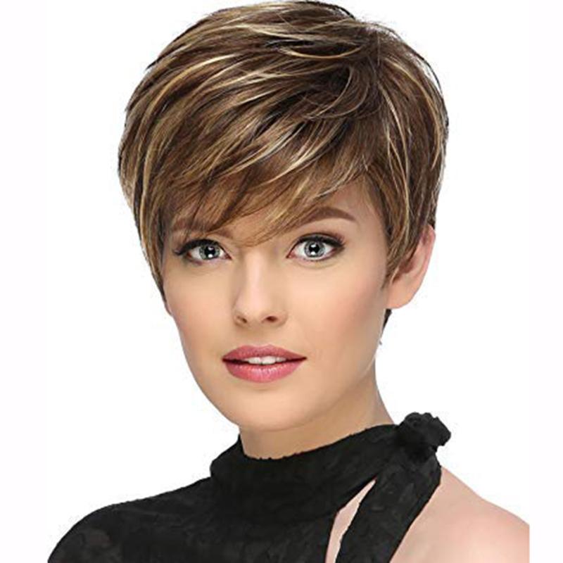 10 16 Cm Brown Mixed Blonde Wavy Hair Wigs Short Pixie Cut Synthetic Fiber