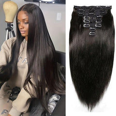 8pcs Straight Clip In Human Hair Extensions Natural Double Wefts 20-32-66-04cm