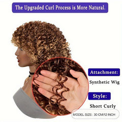 Blonde Brown Highlights Short Human Hair Wig with Bangs 12 Inches