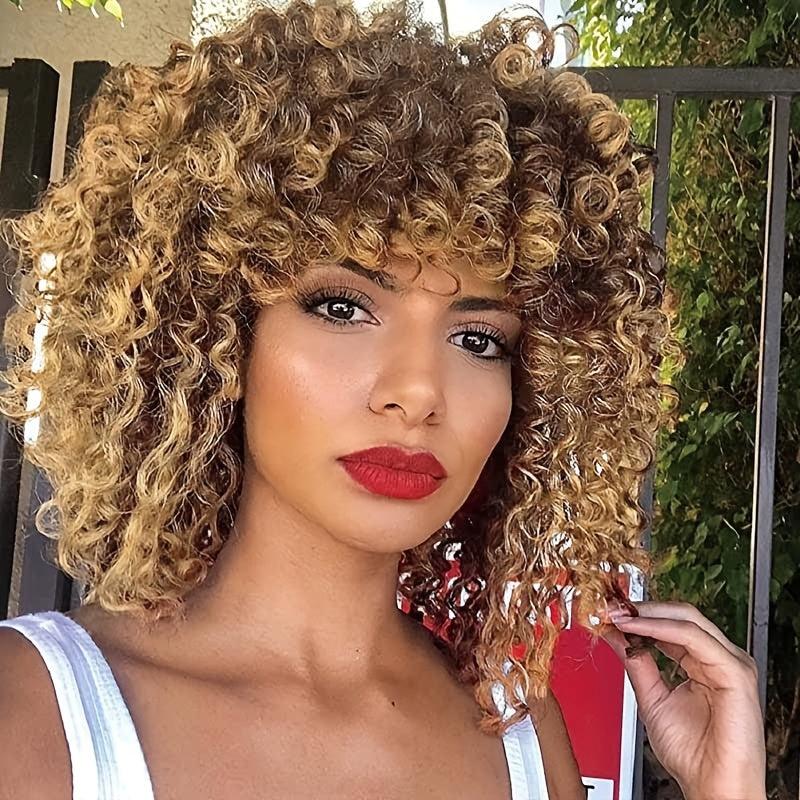 Blonde Brown Highlights Short Human Hair Wig with Bangs 12 Inches