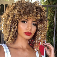 Blonde Brown Highlights Short Human Hair Wig with Bangs 12 Inches