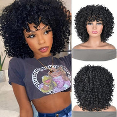 Blonde Brown Highlights Short Human Hair Wig with Bangs 12 Inches