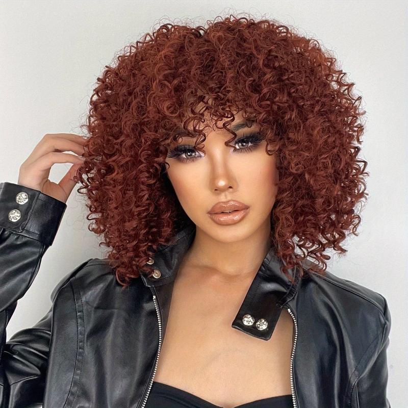 Short Curly Kinky Afro Wigs With Bangs Synthetic Hair Replacement