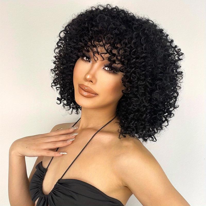 Short Curly Kinky Afro Wigs With Bangs Synthetic Hair Replacement