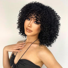 Short Curly Kinky Afro Wigs With Bangs Synthetic Hair Replacement