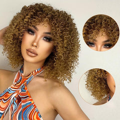 Short Curly Kinky Afro Wigs With Bangs Synthetic Hair Replacement