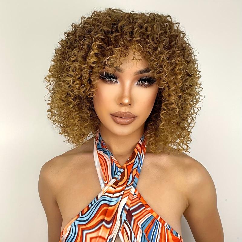 Short Curly Kinky Afro Wigs With Bangs Synthetic Hair Replacement