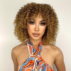 Short Curly Kinky Afro Wigs With Bangs Synthetic Hair Replacement