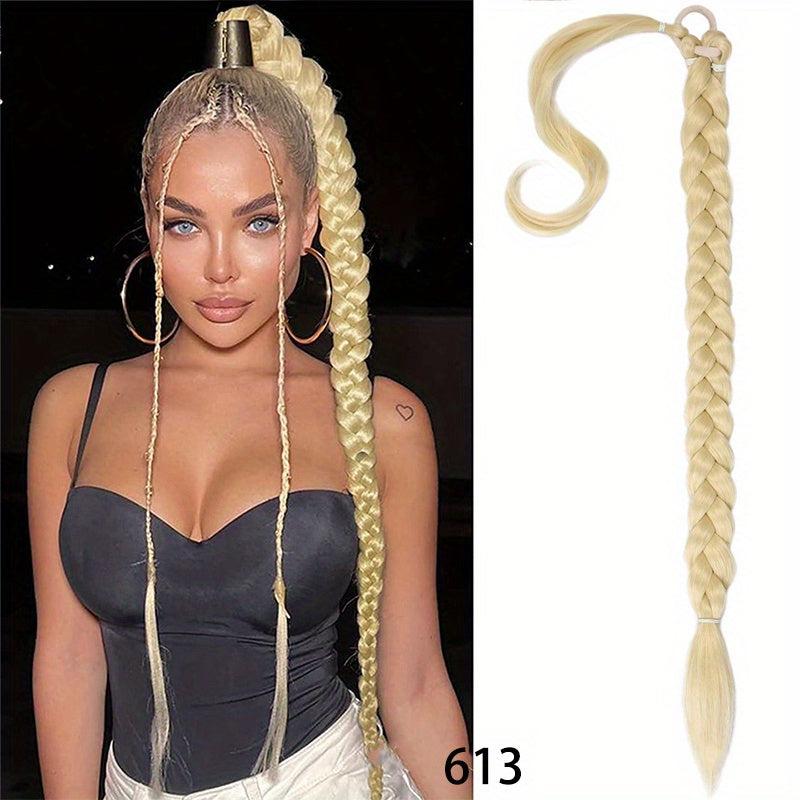 Long Braided Ponytail Extension Elastic Hair Tie Straight Sleek Braid Hair Exten