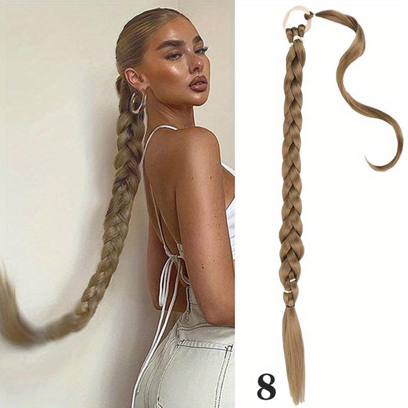 Long Braided Ponytail Extension Elastic Hair Tie Straight Sleek Braid Hair Exten