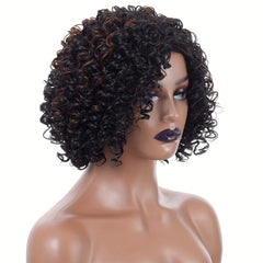 Brown Curly Afro Wig Women Side Bangs Natural Synthetic Curly Wig