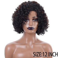 Brown Curly Afro Wig Women Side Bangs Natural Synthetic Curly Wig
