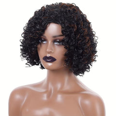 Brown Curly Afro Wig Women Side Bangs Natural Synthetic Curly Wig