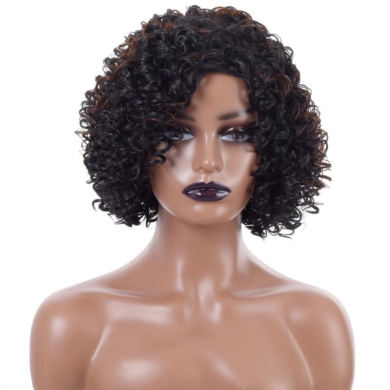 Brown Curly Afro Wig Women Side Bangs Natural Synthetic Curly Wig