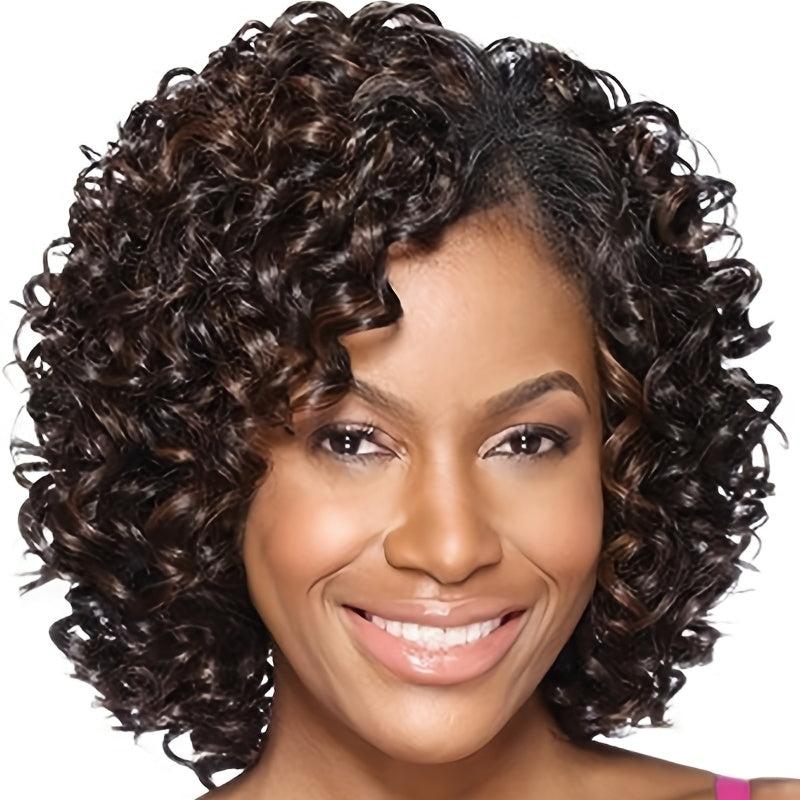 Brown Curly Afro Wig Women Side Bangs Natural Synthetic Curly Wig