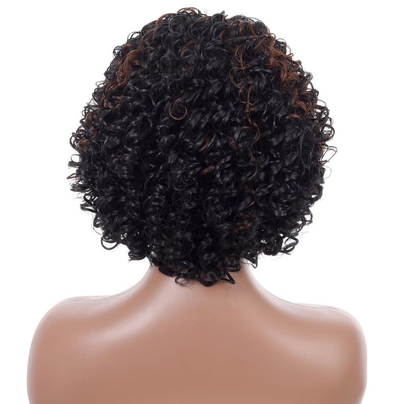 Brown Curly Afro Wig Women Side Bangs Natural Synthetic Curly Wig