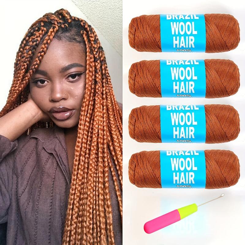 4Packs Brazilian Yarn Wool Braiding Hair Acrylic Thread With Crochet Hook