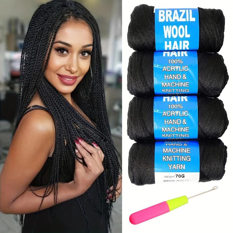 4Packs Brazilian Yarn Wool Braiding Hair Acrylic Thread With Crochet Hook