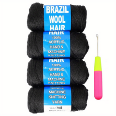 4Packs Brazilian Yarn Wool Braiding Hair Acrylic Thread With Crochet Hook