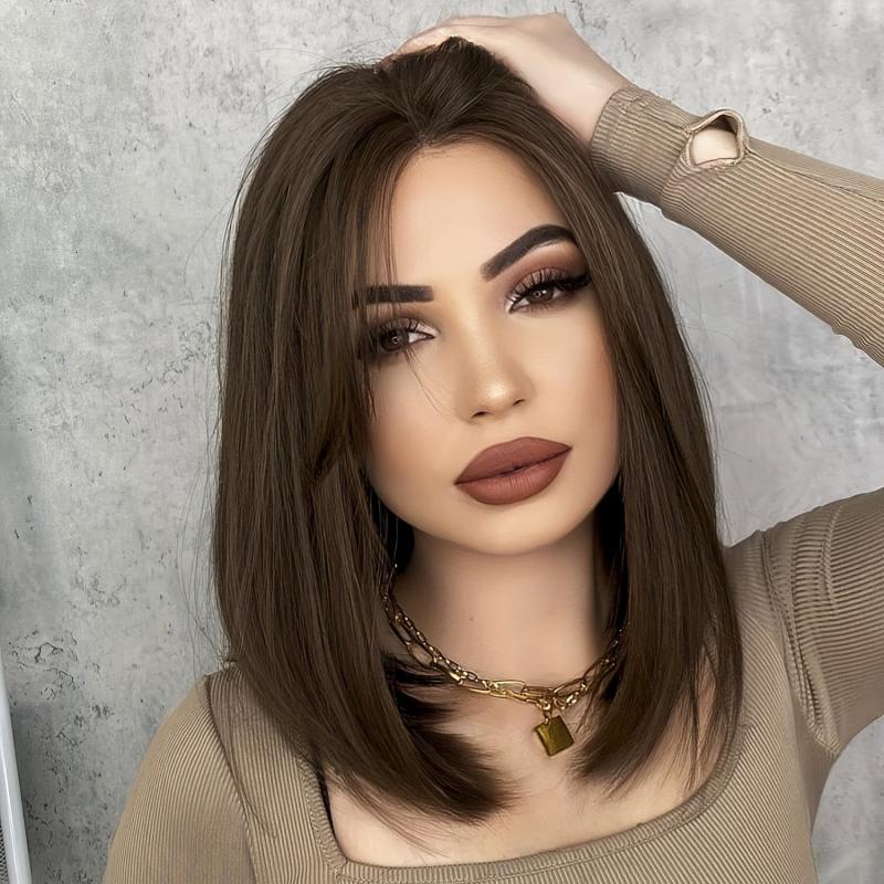 Short Bob Wig 35 56cm Synthetic Shoulder Length Middle Part Mix Highlight Wig