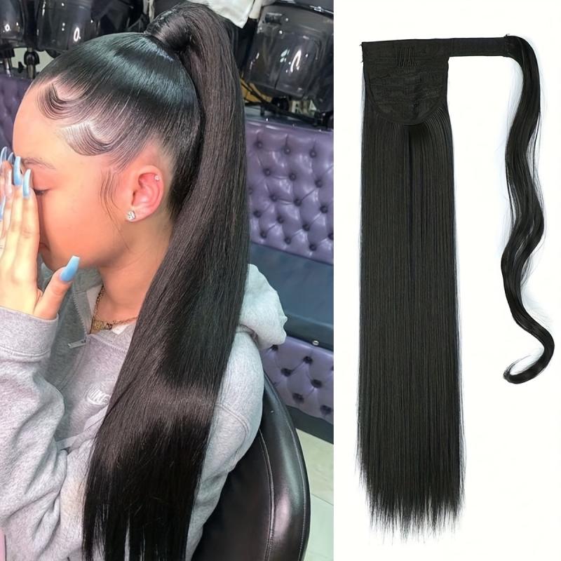 Long Straight Ponytail Extensions Synthetic Hair Piece Wrap Around Pony Tail
