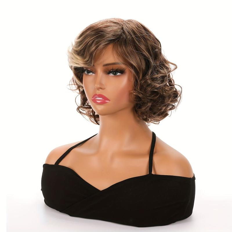 Brown Short Bob Curly Hair Wigs For Women Synthetic Heat Resistant Hair Wigs