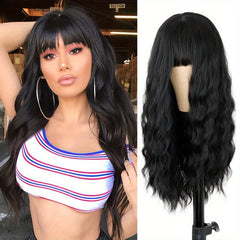 Synthetic Lolita Long Water Wave Pink Wigs With Bangs For Women