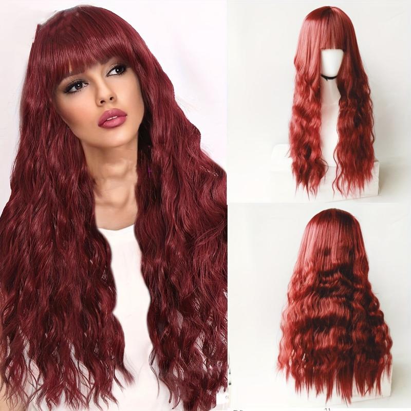 Synthetic Lolita Long Water Wave Pink Wigs With Bangs For Women